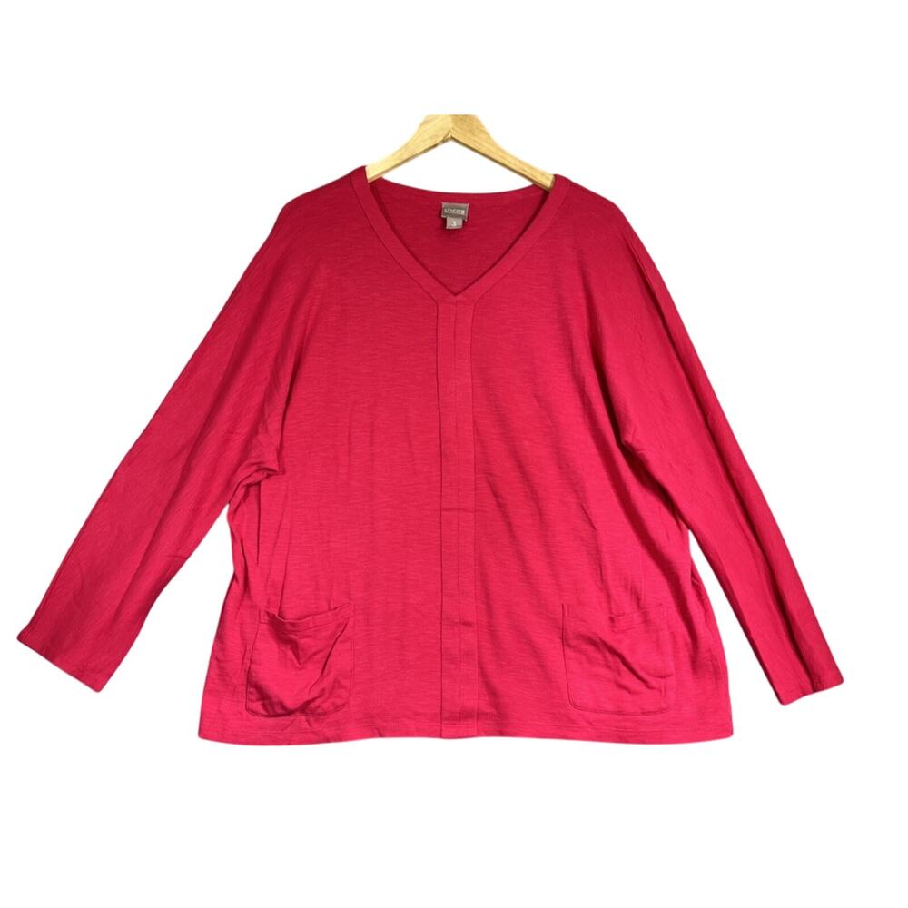 Chicos Top Women's XL Raspberry Vee Neck Pocket Tee Long Sleeve Stretchy Cotton